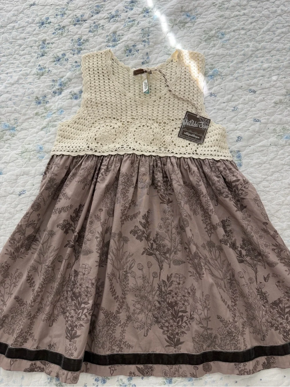 Matilda Jane Cream Crochet Bodice Taupe Botanical Skirt Dress